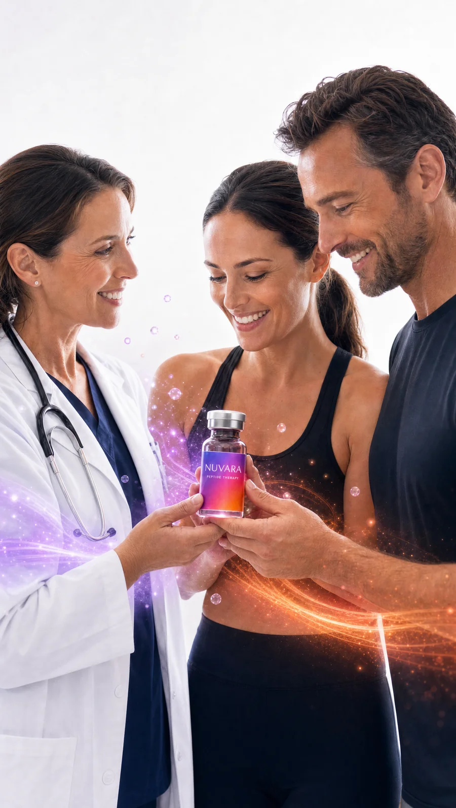 A physician handing the branded Nuvara Peptide Therapy vial to a couple