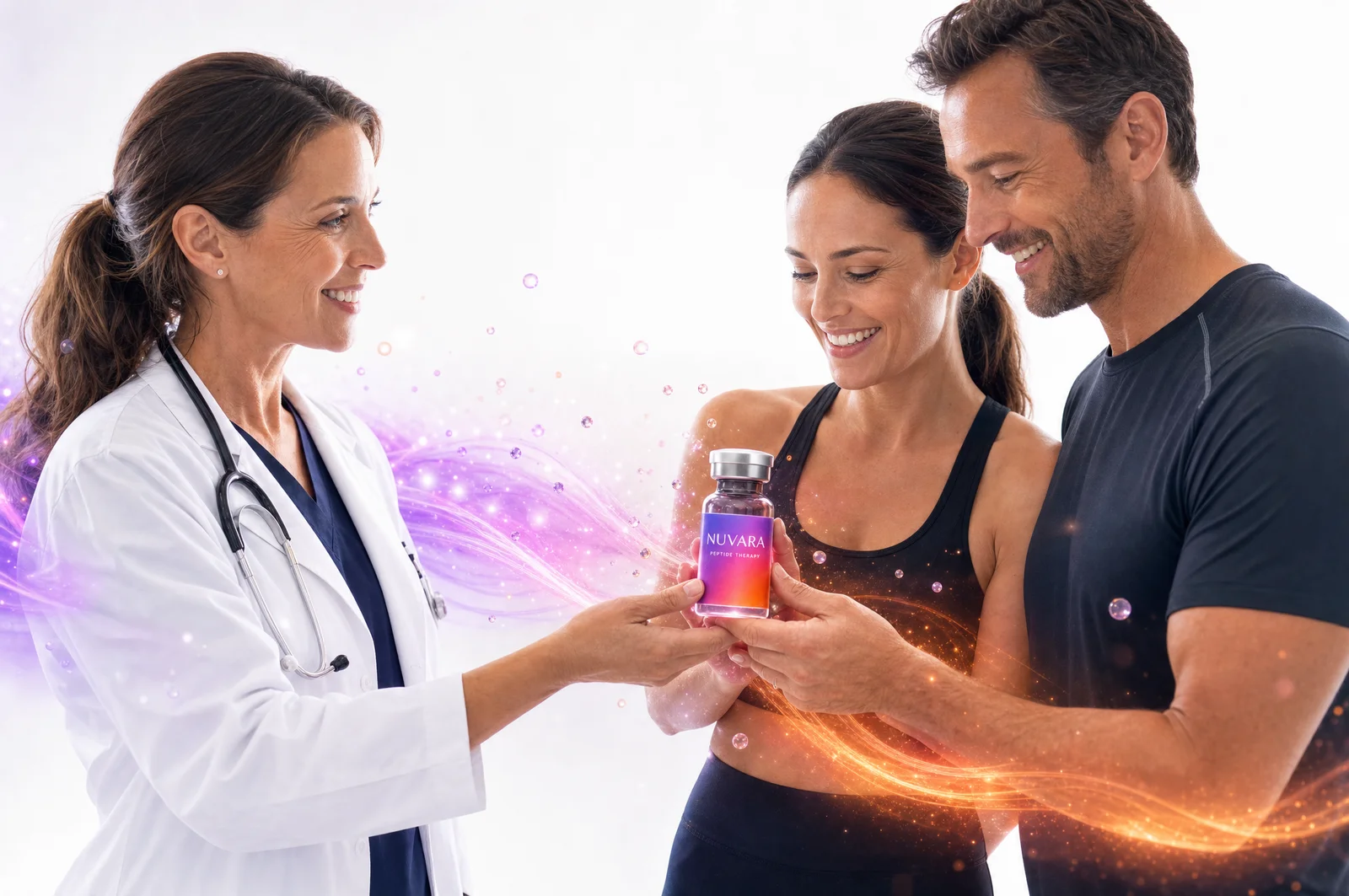 A physician handing the branded Nuvara Peptide Therapy vial to a couple, connected by gradient energy ribbons